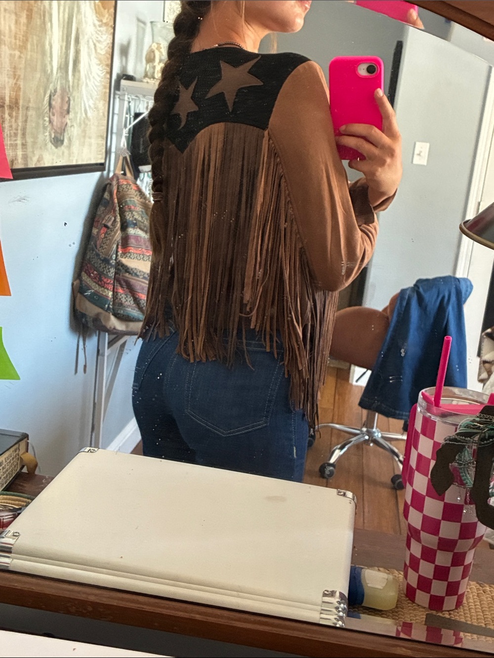 Johnny Was Brown Suede Fringe Jacket with Black Star Yoke - Picture 3 of 9